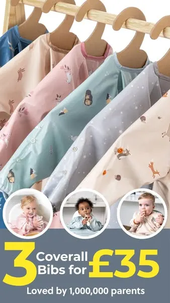 Bibado ads: 62 percent off bundles, a messy baby in a coverall bib and a parent's pasta mealtime