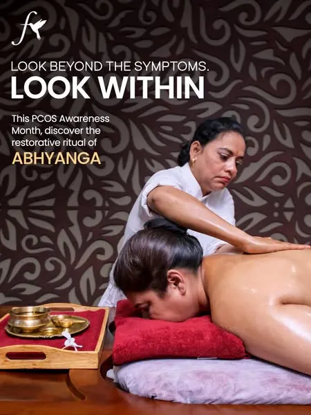 Fazlani Nature's Nest ads: an Abhyanga massage, a Thalapozhichil treatment, a stressed man and a sunset teaser