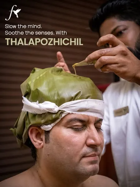 Fazlani Nature's Nest ads: an Abhyanga massage, a Thalapozhichil treatment, a stressed man and a sunset teaser