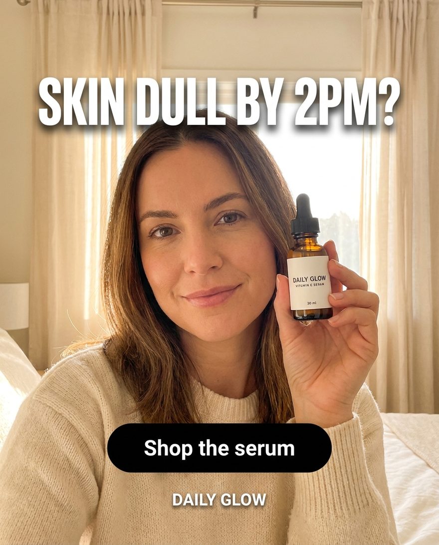 Creator holding the DAILY GLOW serum to camera, headline &ldquo;Skin dull by 2PM?&rdquo; over a Shop the serum button